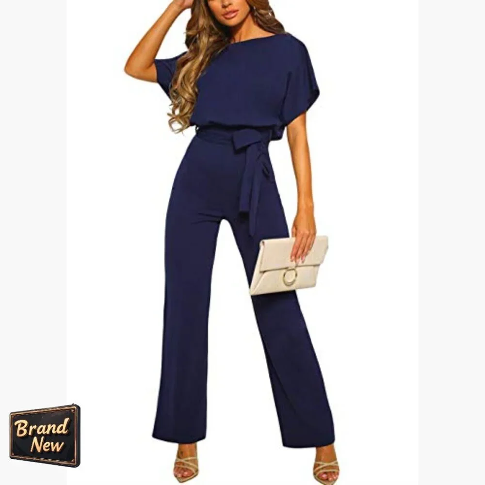 Small Jumpsuit with Belt, Ruffles, Wide Leg, Polyester Spandex